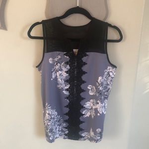 Black sheer top with rayon blue flower print
